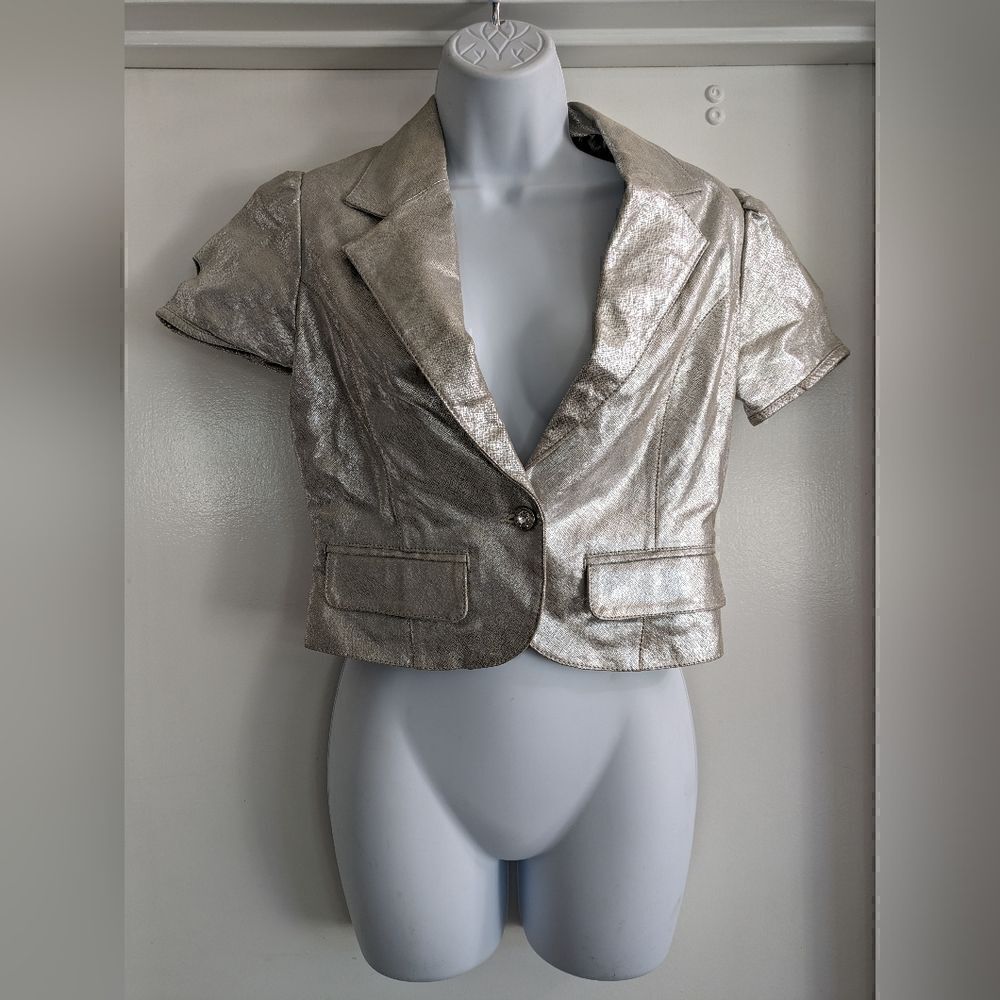 Phosphorus silver leather cropped jacket with cold shoulder accents